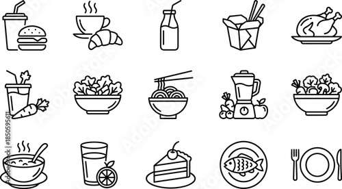 food icon set, drink symbols, healthy meal vector, restaurant elements, nutrition line art, breakfast, lunch, dinner, snack, beverage