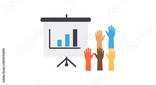 diverse hands raised in meeting voting on data presentation beside business growth chart on screen symbolizing teamwork and engagement
