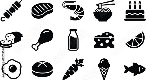 food icon set, grocery vector pack, culinary symbols, meal elements, kitchen items, editable, scalable, outline style, clean, minimalfood icon set, grocery vector pack
