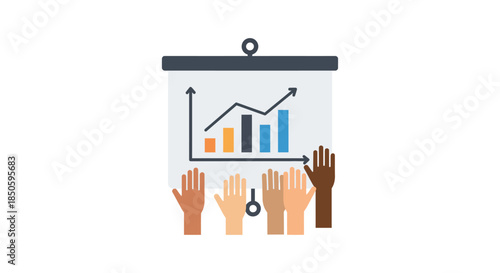diverse team raising hands in front of rising business chart on presentation screen illustrating growth analytics and corporate training
