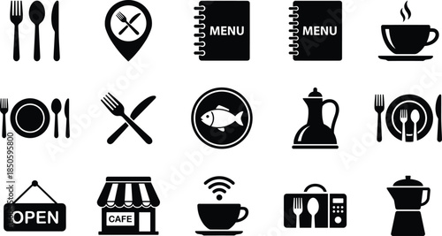 restaurant icon set, dining symbols, food service vector, café elements, editable, scalable, outline style, clean, minimal, graphic