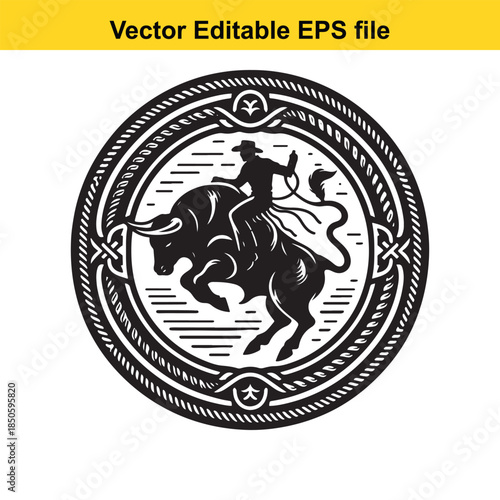  vector editable eps file of a cowboy riding a bull in a circular rope design on white background