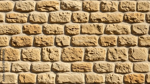Close-up of a beige brick wall with a white background, showcasing textured, rectangular bricks in a staggered pattern.