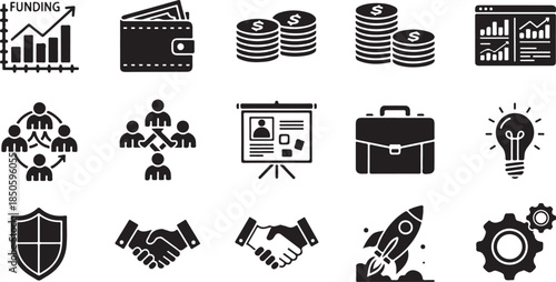 Business icons for funding, teamwork, and growth strategy
