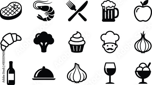 food icon set, culinary vector pack, chef symbols, dessert elements, wine graphics, editable, scalable, outline style, clean, minimal