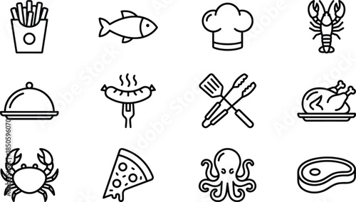 food icon set, culinary vector pack, seafood symbols, chef tools, kitchen elements, editable, scalable, outline style, clean, minimal