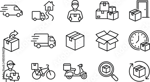 delivery icon set, logistics symbols, courier vector pack, shipping elements, editable, scalable, outline style, clean, minimal, graphic