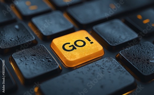 Close-up of a dark wet computer keyboard with a glowing yellow go key on textured black keys, conveying urgency, energy and readiness to start