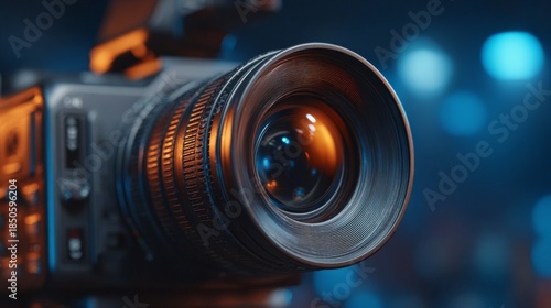 Detailed view of a professional video camera, capturing the essence of filmmaking and visual storytelling