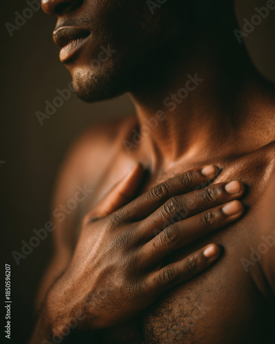 Close-up of an African American adult man touching his chest, expressing inner awareness, emotional presence, and the quiet reality of the human body.