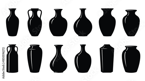 Collection of twelve black ceramic vase silhouettes representing antique pottery shapes