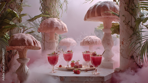 A table is set with glasses of pink drinks surrounded by large mushroom sculptures and plants. The scene has fog and vibrant colors, creating a playful atmosphere