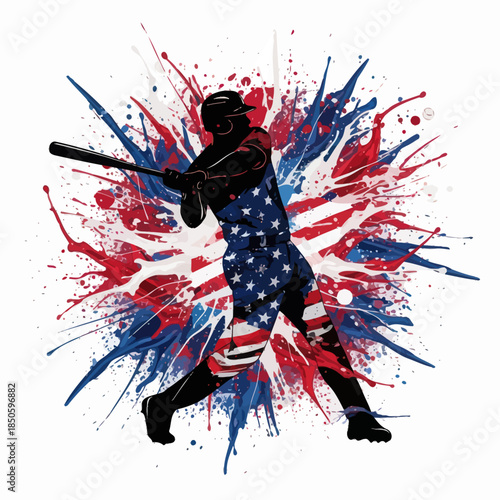 Baseball Player Silhouette with American Flag Splatter Design.