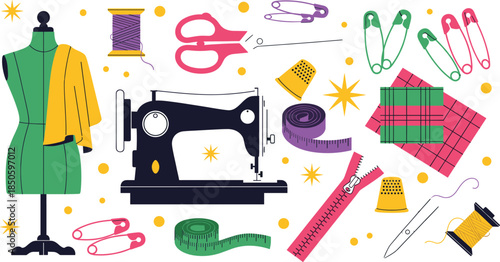 Flat vector illustration set of sewing tools including sewing machine mannequin scissors thread safety pins and zipper for tailoring.