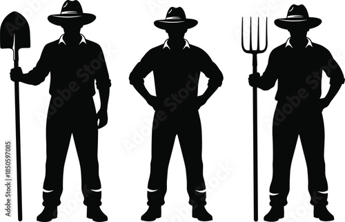 Three farmer silhouettes standing together, man holding shovel and pitchfork, agricultural workers vector illustration, black and white rural labor design concept
