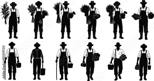 Black Silhouette Vector Set of Male Farmers, Featuring Various Agricultural Workers Holding Crops and Harvest Baskets for Farming, Gardening, and Rural Concepts,