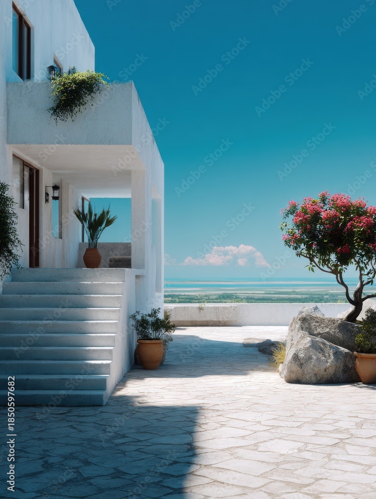 Fototapeta premium A white minimalist home with a tree