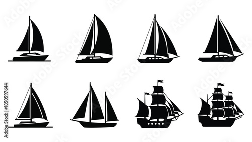 Collection of eight distinct black and white sailing boat and ship silhouette icons