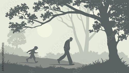 Father and Son Walking Together Through a Misty Forest