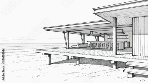 Modern minimalist beach villa architecture with large terrace and ocean view sketch