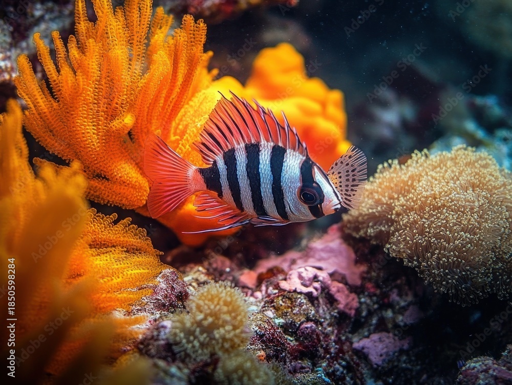 Obraz premium Striped tropical fish with red fins swimming among vibrant orange coral and soft beige anemones on a colorful underwater reef, evoking calm wonder