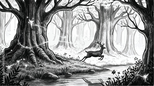 Majestic deer running through an enchanted forest with magical glowing lights sketch