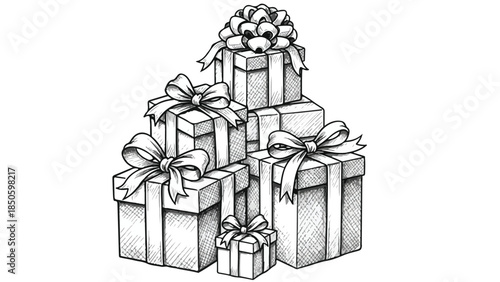 Large pile of wrapped christmas gifts and present boxes in hand drawn vector sketch