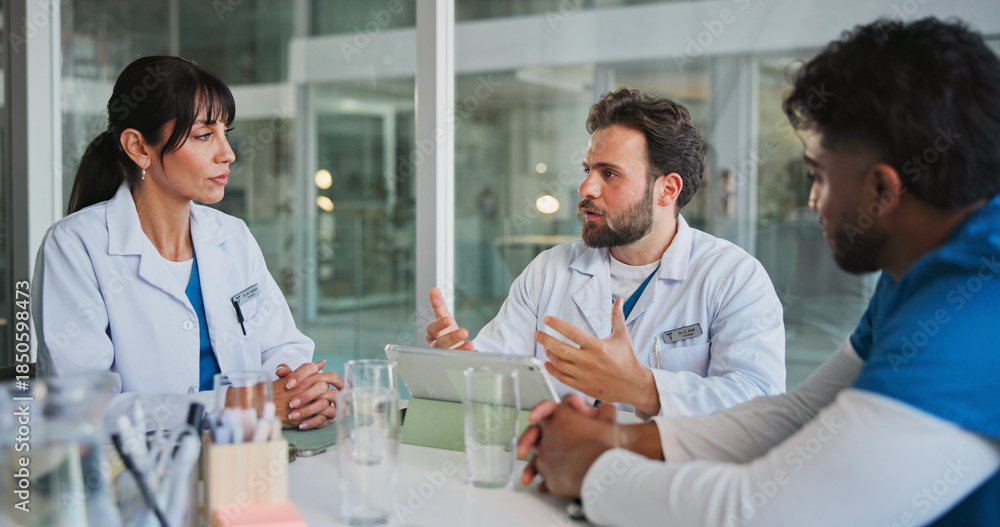 Fototapeta premium Meeting, team and tablet with doctors in office for medical case review, treatment plan or research. Patient history, online healthcare result and collaboration with people talking for clinic report