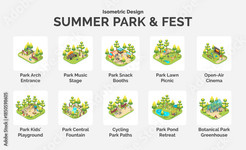 Cartoon Color Location Collection Summer Park and Fest Concept 3d Isometric View. Vector illustration of Open Air Cinema and Kid Playground Scenes
