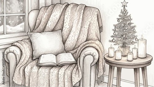 Cozy armchair in living room with christmas tree and candles vector sketch