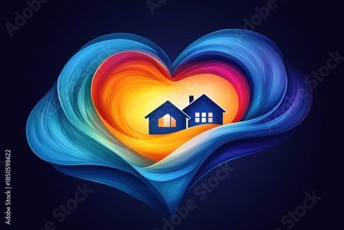 two small houses embraced by a glowing multicolored heart of swirling blue and warm orange brushstrokes, conveying warmth, safety and love