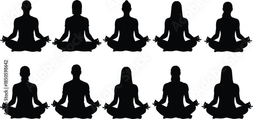 Black Silhouette Vector Set of People Meditating in Lotus Pose, Featuring Various Men and Women for Yoga, Wellness, Mindfulness, and Zen Spirit Concepts,