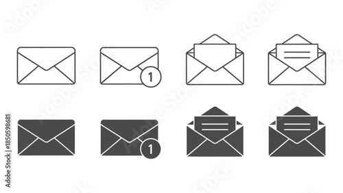 Set of eight mail and email notification icons showing closed and open envelopes