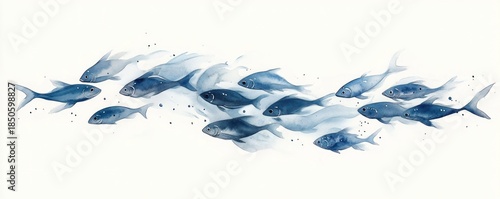 serene school of blue watercolor fish swimming in a flowing formation on a white background