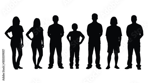 Diverse group of seven people standing together as detailed black silhouettes