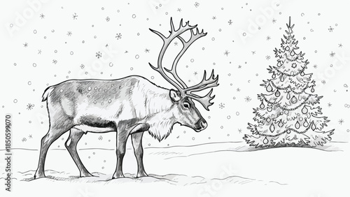 Portrait of a reindeer with a large decorated christmas tree vector sketch