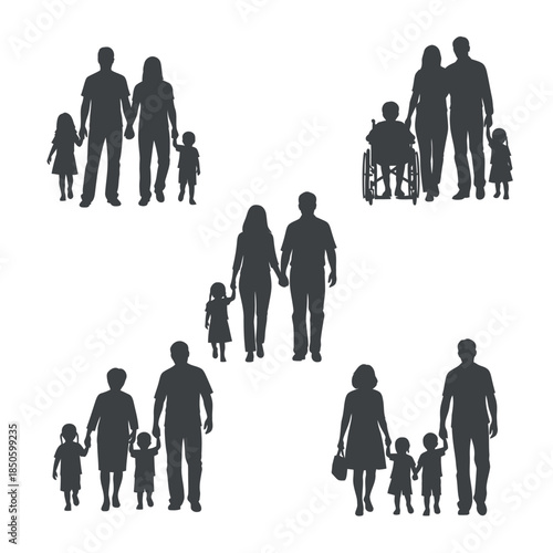 Diverse Family Silhouettes Parents and Children Walking Together.