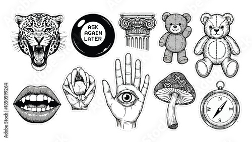 Set of Hand Drawn Illustrations Vector Sketch Collection, Black and White Vintage Tattoo Art Style, Including Leopard, Magic 8 Ball, All Seeing Eye, Teddy Bears, Mushroom, and Compass
