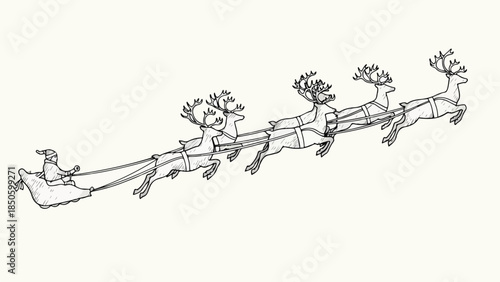 Santa claus riding a sleigh pulled by reindeer in the sky vector sketch