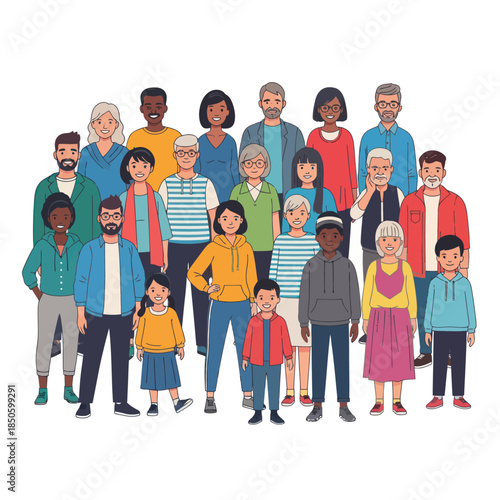 Diverse group of people standing together in a crowd.