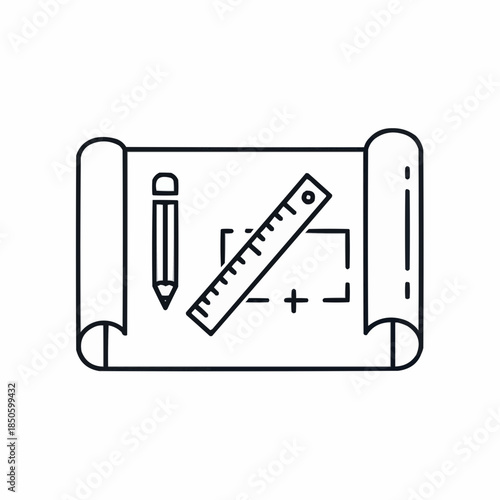 Drawing Blueprint Icon Featuring a Pencil and Ruler Over Rolled Paper, Symbolizing Planning, Architecture, Design, Engineering, and Construction Projects in a Clean Line Art Style