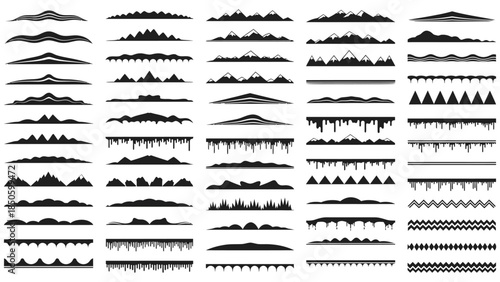 Set of Black Vector Silhouette Borders, Hand Drawn Nature Landscape Dividers, Mountains, Trees, Hills, and Grass Design Elements
