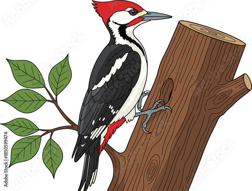 Detailed woodpecker bird illustration perched on a tree trunk branch with green leaves isolated on white background vector.