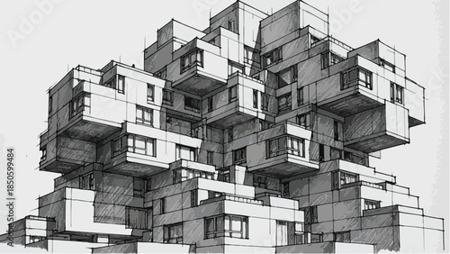 Modern modular architecture of the habitat 67 building in montreal sketch
