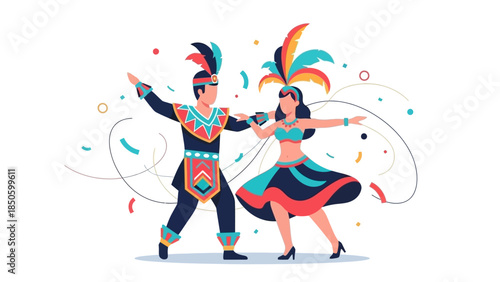 A dynamic flat design illustration depicting a couple elegantly dancing samba in vibrant carnival costumes