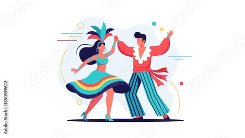 A dynamic flat design illustration depicting a couple elegantly dancing samba in vibrant carnival costumes