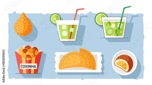An appetizing flat design illustration showcasing typical Rio Carnival street food and drinks like coxinha, pastel, and caipirinha
