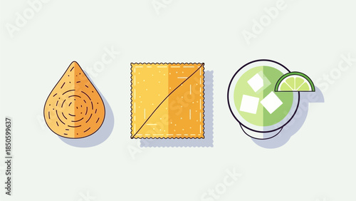 An appetizing flat design illustration showcasing typical Rio Carnival street food and drinks like coxinha, pastel, and caipirinha