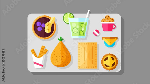An appetizing flat design illustration showcasing typical Rio Carnival street food and drinks like coxinha, pastel, and caipirinha