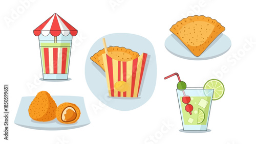 An appetizing flat design illustration showcasing typical Rio Carnival street food and drinks like coxinha, pastel, and caipirinha